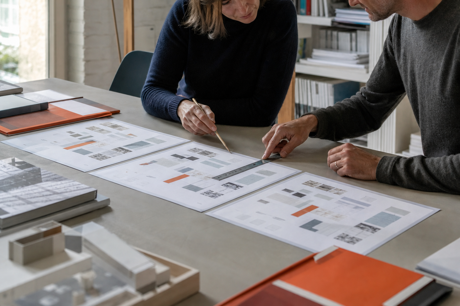 Twee collega’s leggen drie gedrukte projectvoorstellen naast elkaar op een werktafel